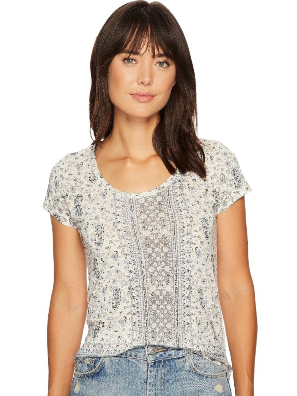 Lucky Brand Erun Woodblock Tee Blouse Blue Multi 1X #A4512